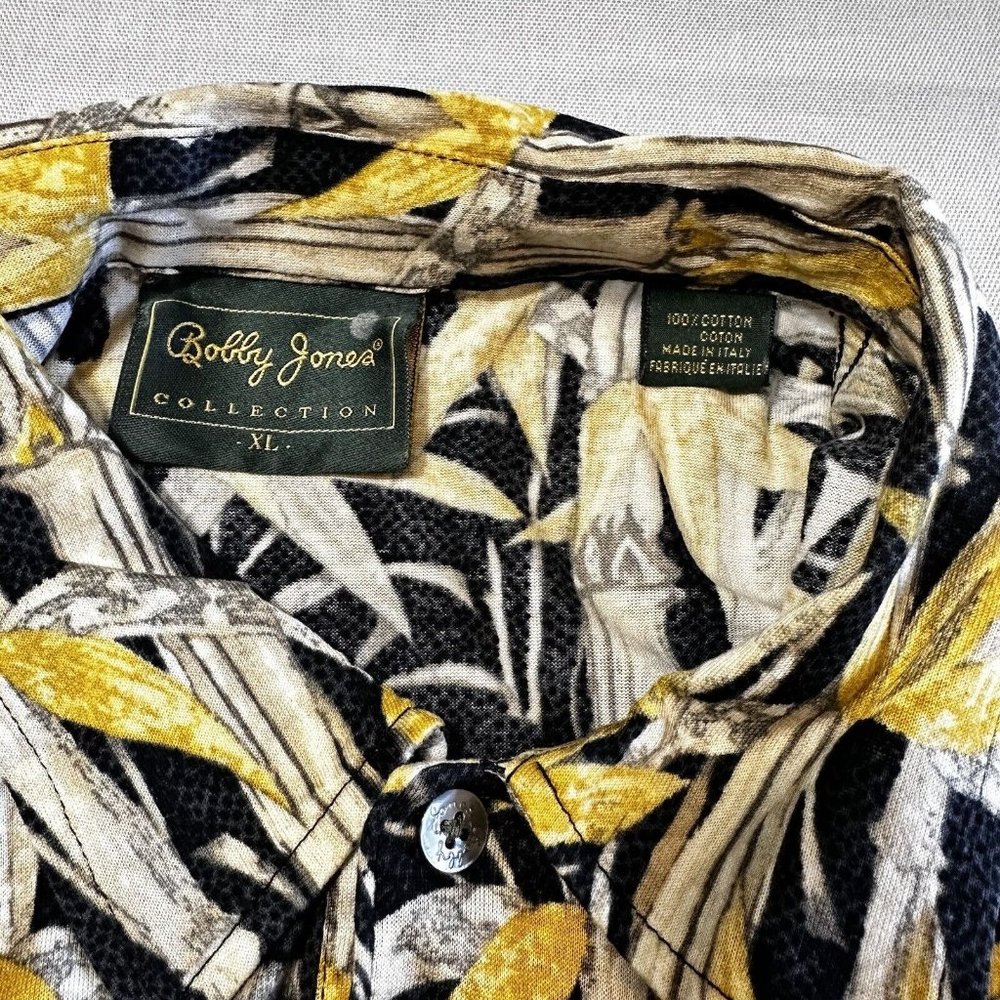 Bobby Jones Colleceion Polo XL Black Yellow Leafy Print Cotton Shirt Italy - Picture 2 of 8
